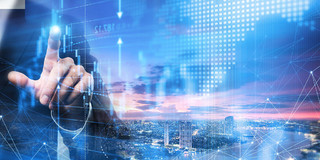 蓝色场景大气城市数据图案西装男天空商务展板背景